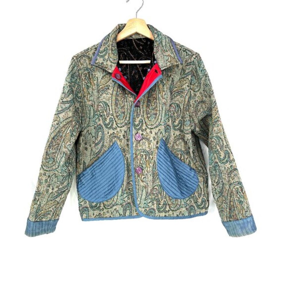 Reversible art to wear boho hippy jacket whimsical wild silk tapestry knit M
